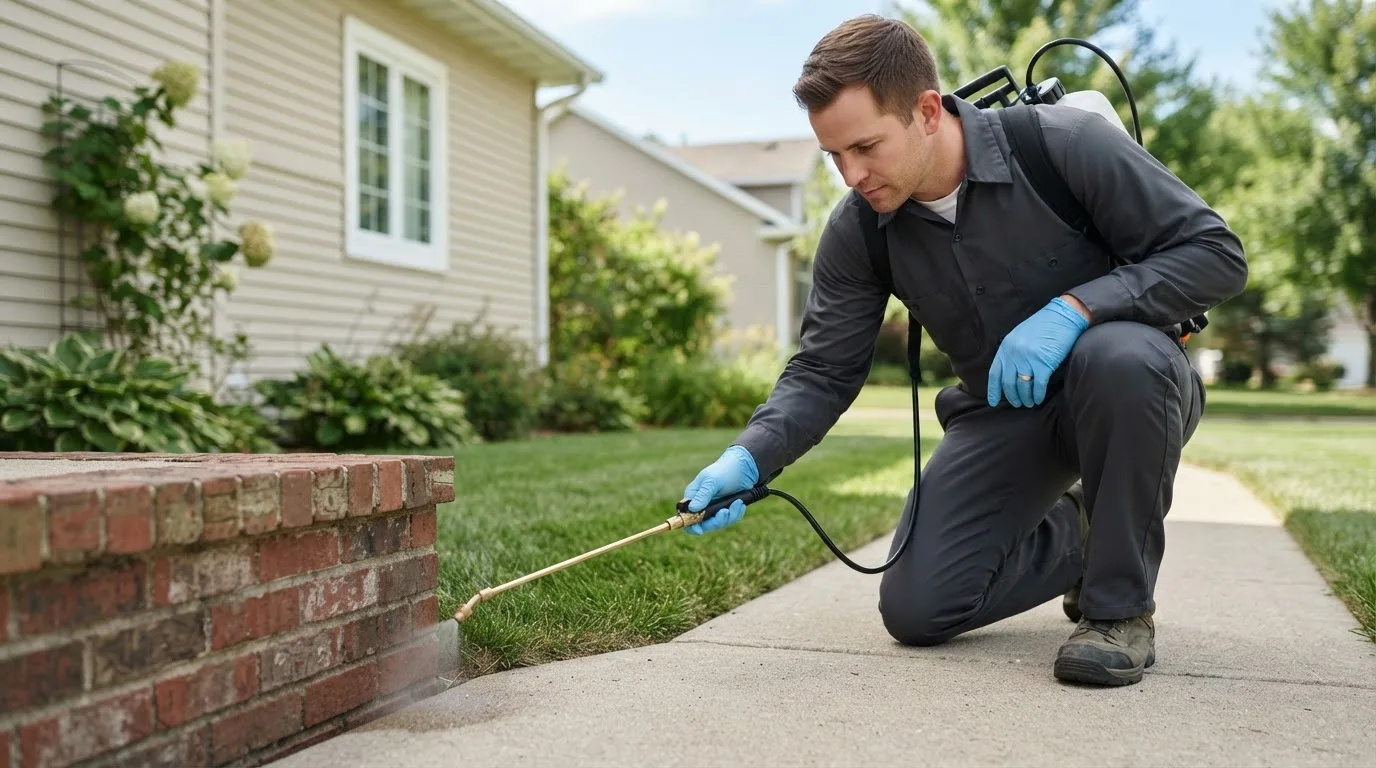 Pest control technician treating a home near Chimayo, NM
